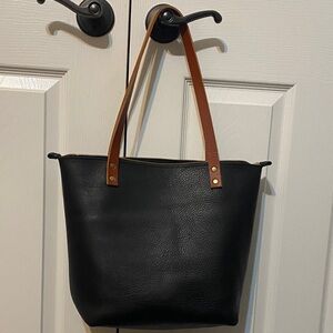 Portland Leather Medium Black Pebbled Tote with Tan Straps